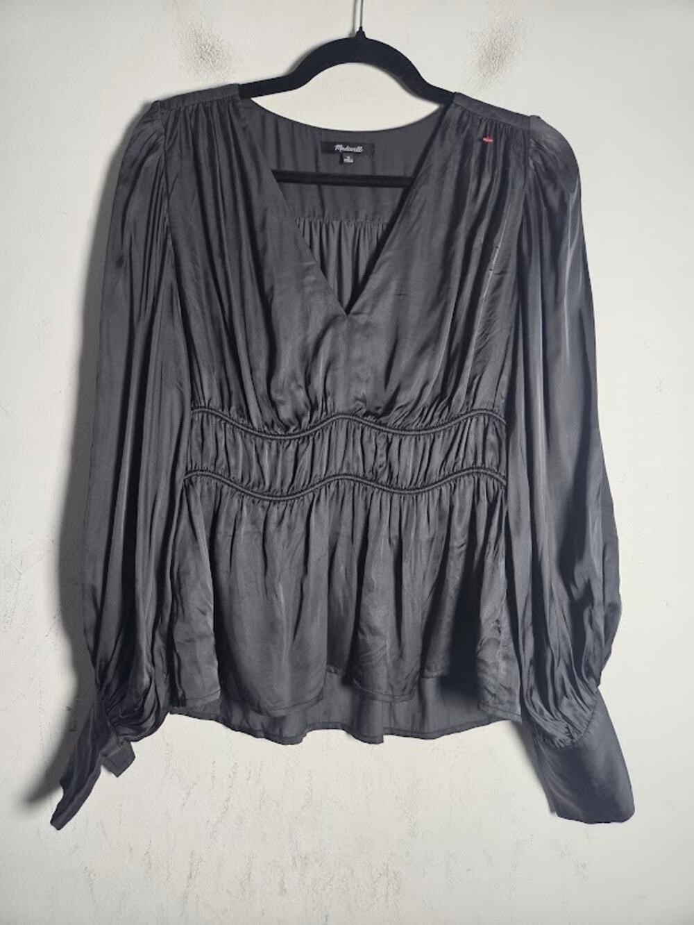 Madewell Dark Grey Satin Smocked Waist V-Neck Dark Coquette Blouse size Medium